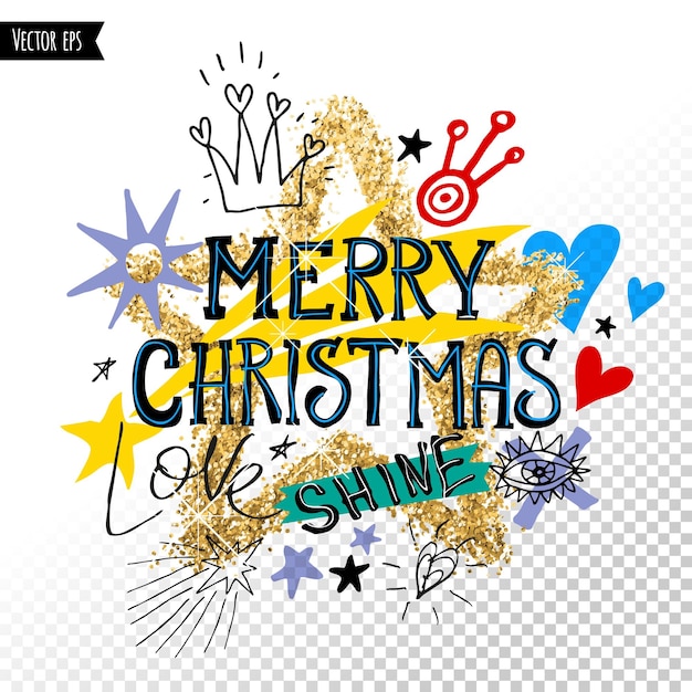 Happy new year marry christmas holidays lettering golden glitter sparkle star marker ink sketch