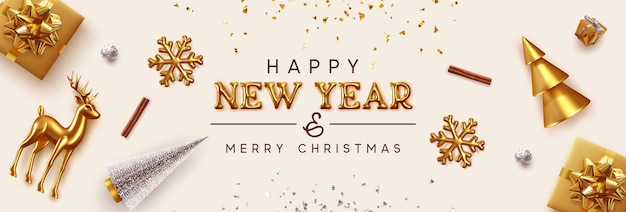 Banner di felice anno nuovo e buon natale. sfondo natale design di realistici oggetti decorativi in metallo dorato per le vacanze. decorazioni festive. poster orizzontale, biglietto di auguri, sito web di intestazioni. vettore 3d