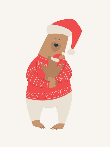 Happy New Year!Merry Christmas!Cartoon illustration with father bear and son bear.Cute holidays poster,postcard or banner.A teddy bear in the arms of his father.A bear in a winter sweater hugs his son