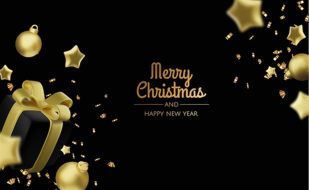 happy new year and merry christmas christmas holiday background with realistic 3d objectsgold and red bauble balls conical metal stars levitation falling design composition