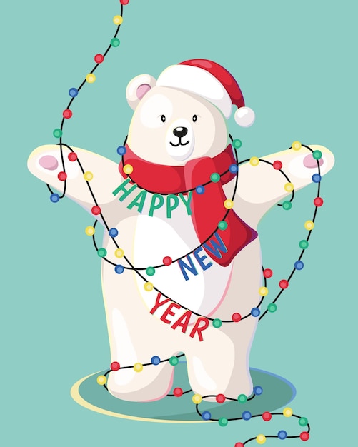 Happy New Year and Merry Christmas. Christmas white bear with New Year. Illustration with
christmas