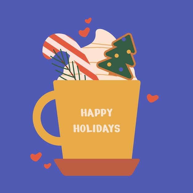 happy new year and merry christmas greeting card with a cup and elements cream twigs cookies christmas tree