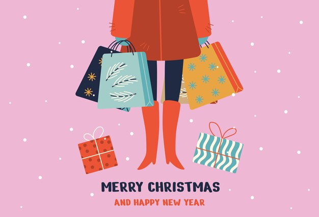 Vector happy new year and merry christmas holiday card postcard templates with people gifts and snow merry christmas happy holidays holly jolly text