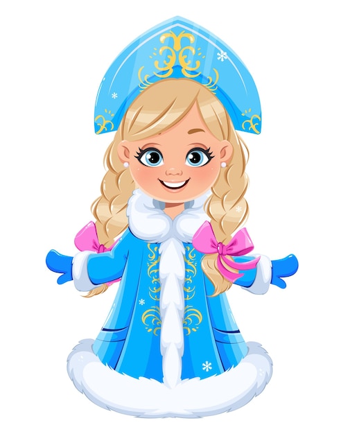 Happy New Year and Merry Christmas. Russian Snegurochka (Snow Maiden). Cute cartoon character for holidays. Stock vector illustration