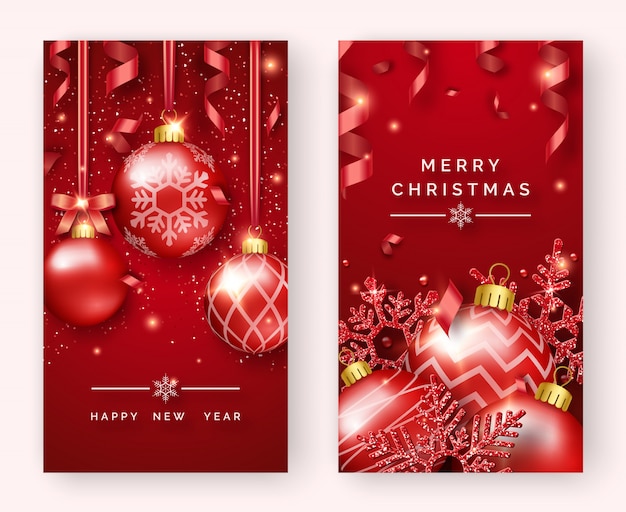 Happy New Year and Merry Christmas vertical greeting card with shining balls, snowflakes, ribbons and confetti.