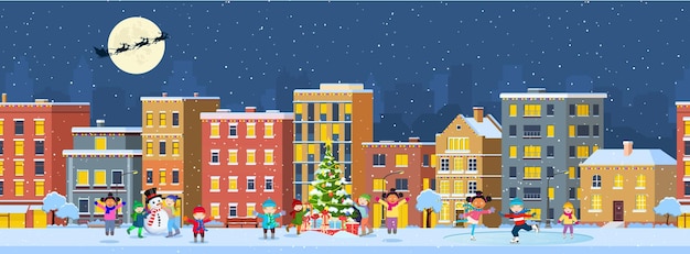 С Новым годом и счастливым Рождеством улица зимнего города в ночь Рождественский город городская панорама Санта-Клаус с оленями в небе над городом Векторная иллюстрация в плоском стиле