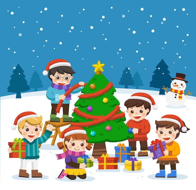 Felice anno nuovo e buon natale con bambini adorabili, pupazzo di neve e albero di natale.