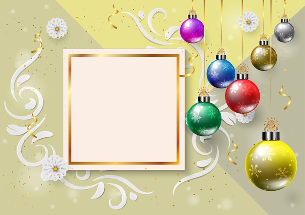 Happy new year and merry chritmas. color christmas balla. layout for invitation.