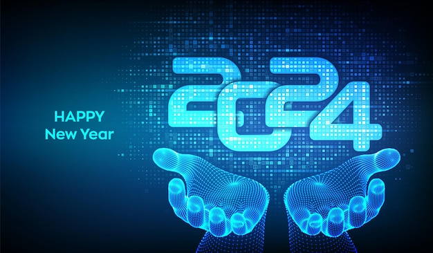 happy new year numbers 2024 made with binary code in wireframe hands background with digits 10