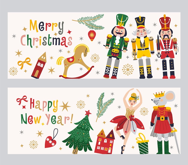 Vector happy new year nutcrackers vector banners set on light background postcard christmas illustration