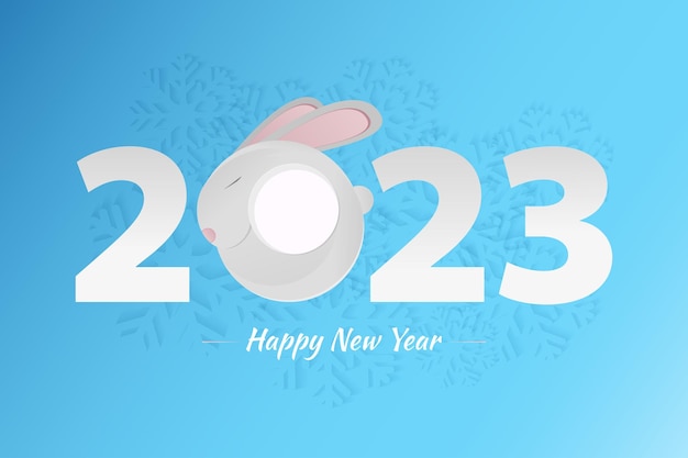 벡터 추상 눈송이 파란색 배경에 토끼와 2023 번호 2023의 새해 복 많이 받으세요