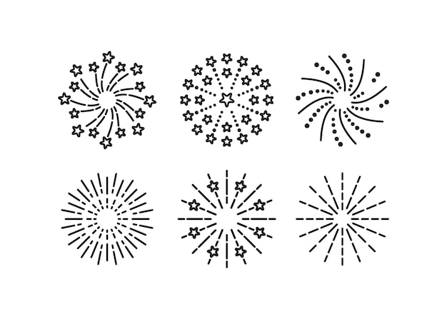 Happy new year outline symbols set linear sparkle explosion firework icon burst stars sparks and salute