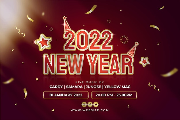 祝你新年慶祝 2022 年的海報或網頁旗<unk>,背景是金色文字和紅花<unk>
