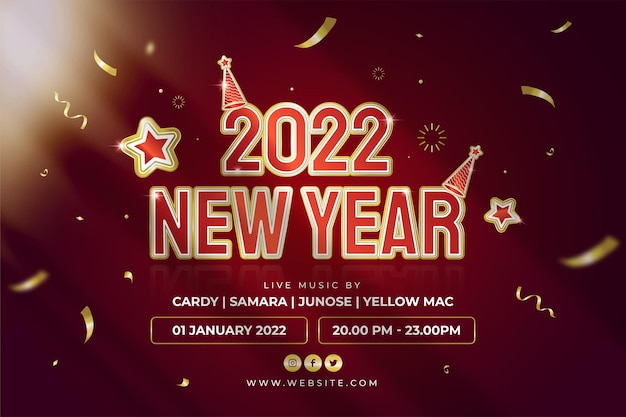 Felice anno nuovo festa 2022 poster o banner web con sfondo di coriandoli di testo dorato