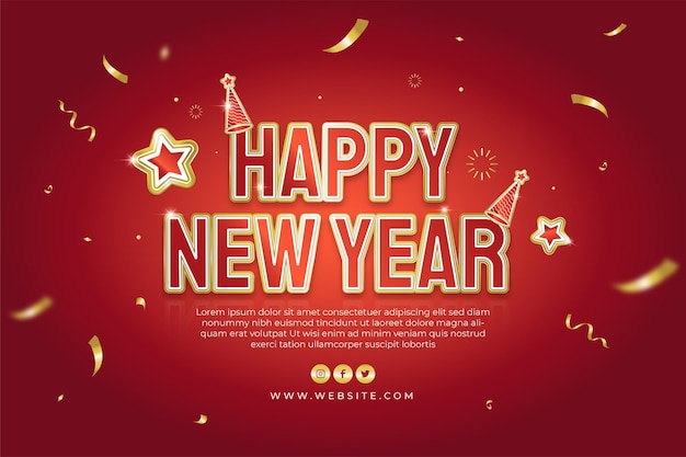 Happy new year party 2022 poster or web banner with golden text confetti on red background