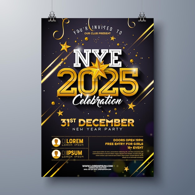 Happy new year party celebration poster template illustration with golden typography lettering on