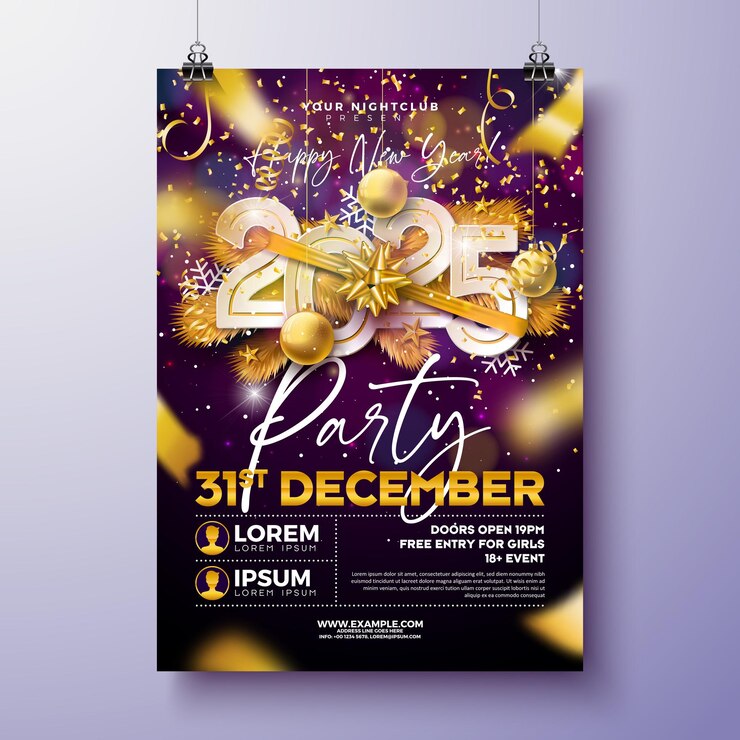 Vector happy new year party celebration poster template illustration with typography lettering on falling