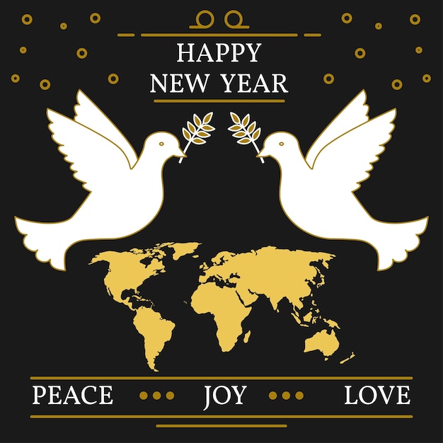 Felice anno nuovo pace gioia e amore biglietto di auguri eps10 vettore colombe e mappa linea sottile