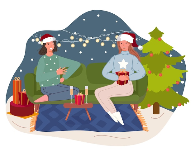 С новым годом люди празднуют зимние праздники женщины, сидящие на диване у елки