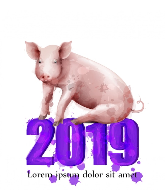 Happy new year pig symbol watercolor