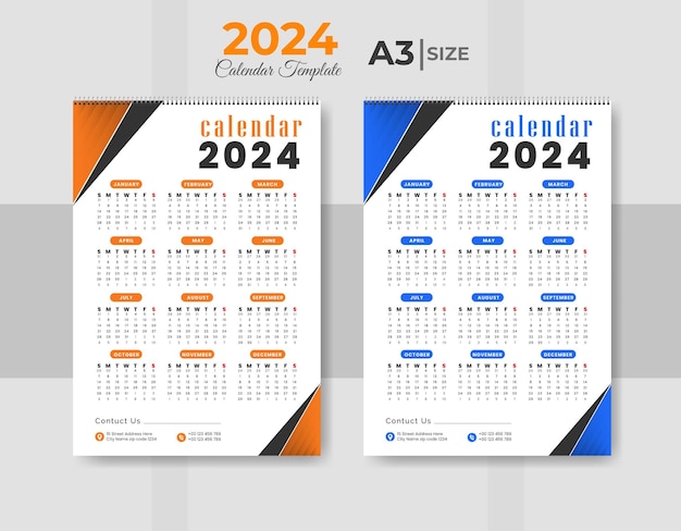 벡터 2024년의 달력과 함께 행복한 새해 계획자 템플릿