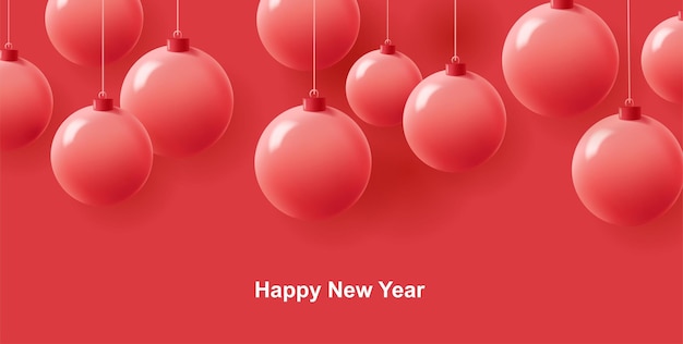 Happy new year poster with 3d red mono chrome balls on red backdrop with greeting