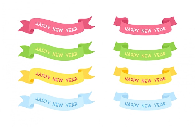 Vector happy new year ribbons vector illustrations with typography set