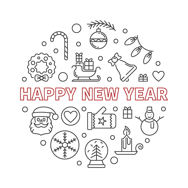 Happy New Year round outline creative illustration