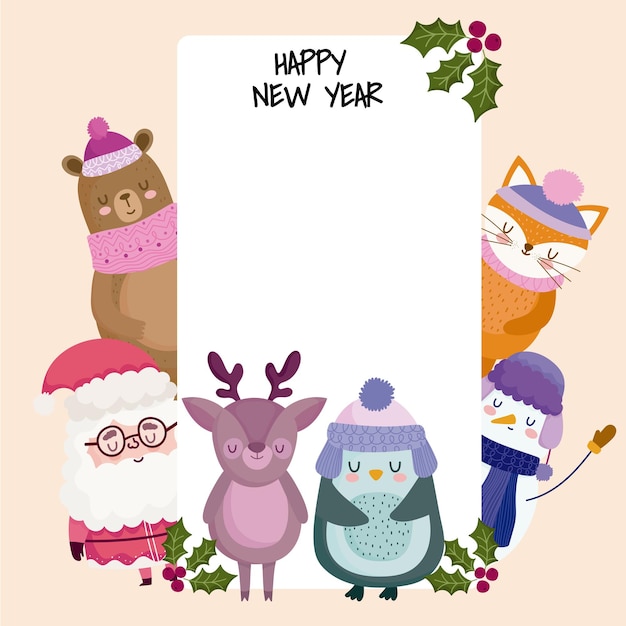 Cartolina d'auguri di felice anno nuovo santa orso volpe renna pinguino e pupazzo di neve