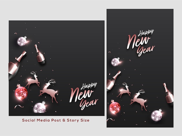 Happy new year social media post set with reindeer, disco balls, champagne bottles decorated black background.