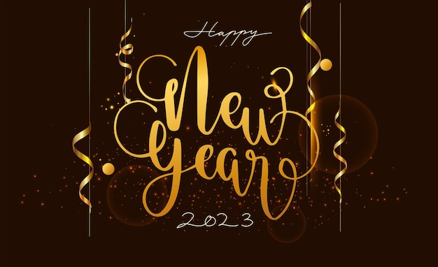 Vettore felice anno nuovo testo design illustrazione di saluto vettoriale con scritte a mano scritte con glitter isolato su sfondo nero testo design oro elementi vettoriali colorati per calendario e biglietto di auguri