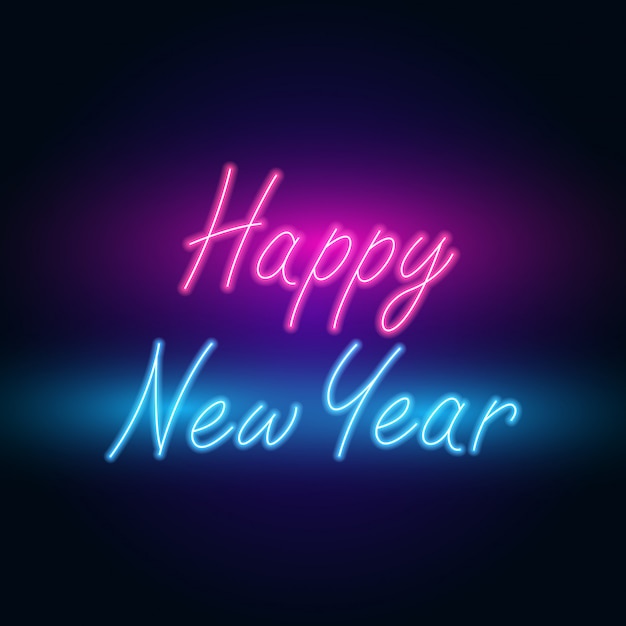 Vector happy new year. text neon with bright lighting.