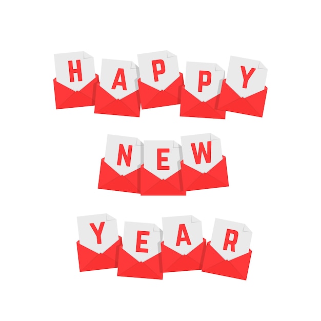 Happy new year text of red letters. concept of sms chat, unusual headline, present, beautiful inscription set, postage. flat style trend modern logo graphic design art on white background