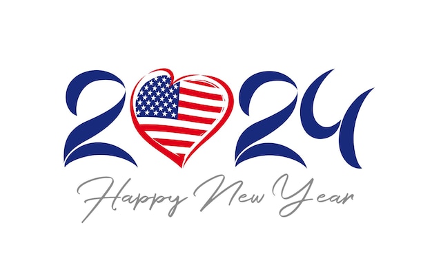 Happy New Year USA creatieve banner Nummer icoon 20 24 met Amerikaanse vlag en hartvorm Grafisch ontwerp