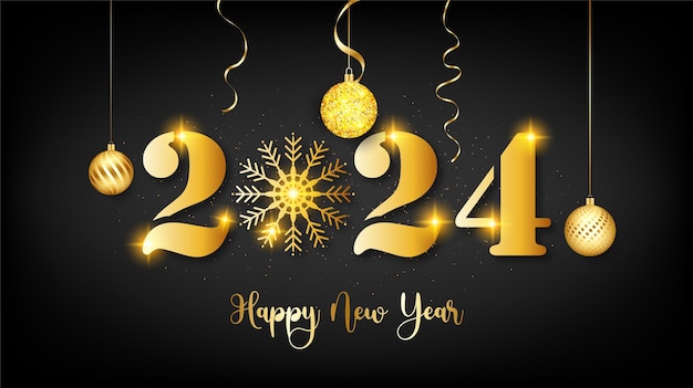 新年明けましておめでとうございます ベクトル2024 3D タイポグラフィー ライティング テンプレート