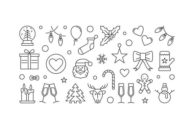 Vector happy new year vector illustration in thin line style - christmas banner