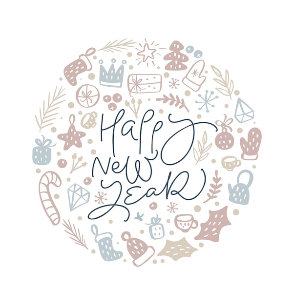 Happy New Year vector monoline calligraphic lettering Christmas text and round form xmas doodle scandinavian.