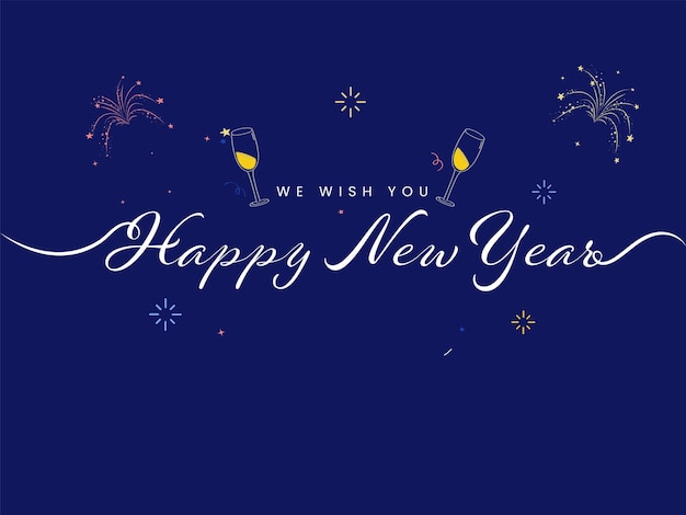 벡터 파란색 배경에 와인잔과 불꽃놀이와 함께 새해 복 많이 받으세요.