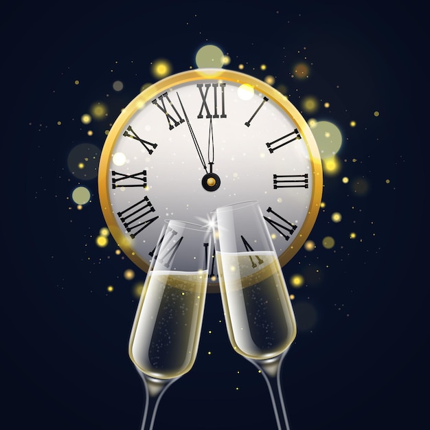 Vettore felice anno nuovo con bicchieri di champagne. vino di cristallo frizzante tintinnante in lussuosi bicchieri da vino 3d realistici con orologio retrò di mezzanotte ed effetto bokeh, carta vettoriale di invito a una festa o poster su nero