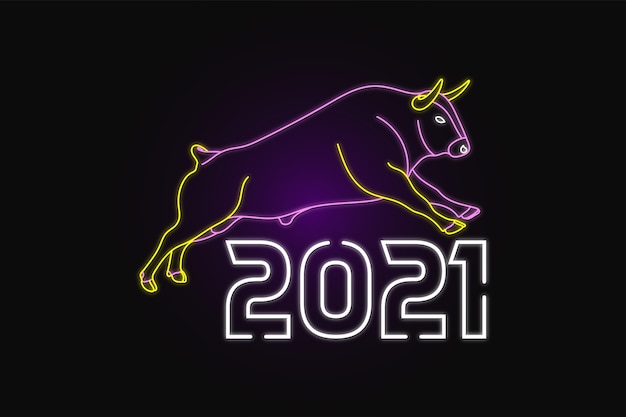 Vector happy new year with cow neon style