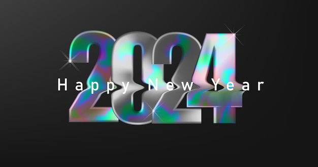 Vector happy new year with holographic numbers 2024 typography design concept in y2k aesthetics