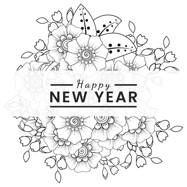Felice anno nuovo con mehndi fiore doodle ornamento contorno mano disegnare libro da colorare pagina