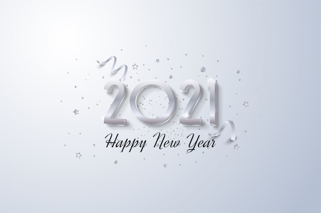 明るい背景にメタリックブルーの数字で新年あけましておめでとうございます。