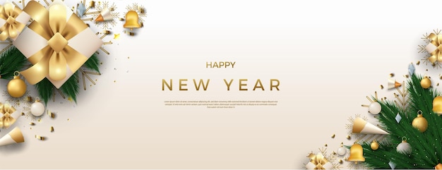 プレミアムベクトルかわいいギフトボックスとモミの木の装飾と新年あけましておめでとうございます