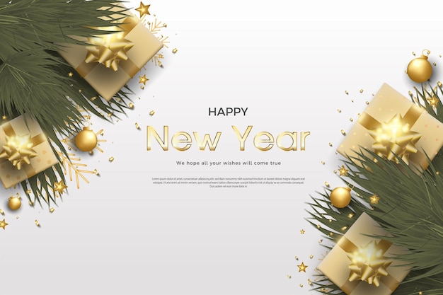 Happy new year with realistic and beautiful golden light bulb