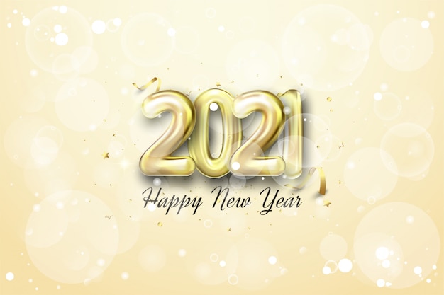 光沢のあるゴールドの背景にリアルなゴールデンバルーンフィギュアで幸せな新年。
