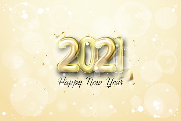  happy new year with realistic golden balloon figures on a shiny gold background.