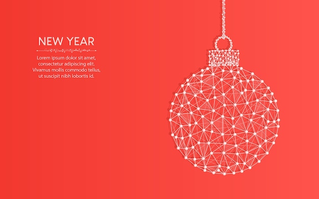 新年あけましておめでとうございます単語クリスマスボール抽象的な幾何学的な画像、ワイヤフレームメッシュポイントとラインから作られた多角形のベクトル図