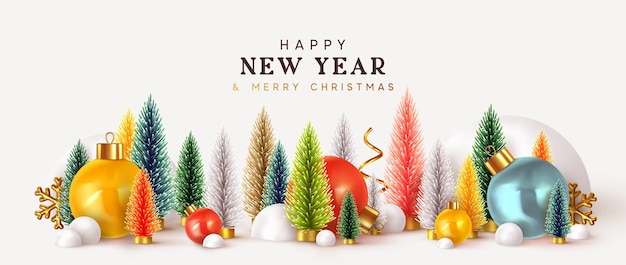 Happy New Year. Xmas design background, Christmas trees, Decorative balls, snow drifts. Holiday gift card, Festive poster, web banner, header for website. Winter season with traditional elements.