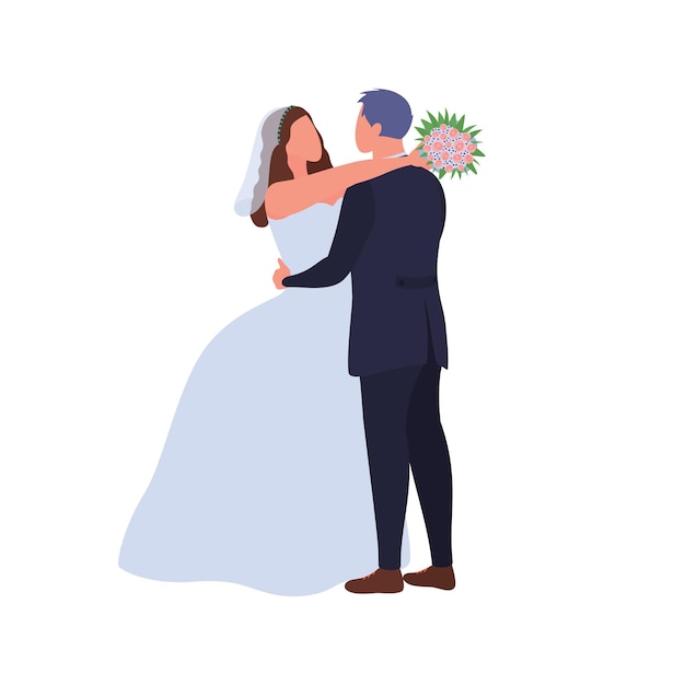 Vettore felice sposini abbracciati amore coppia coccole al giorno del matrimonio sposo cartone animato che abbraccia la moglie in abito da sposa con bouquet